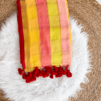 Mul Cotton Saree - Multicolor Horizontal Stripes, Red Tassel