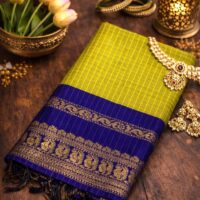 Kalyani Cotton Saree | Leaf Green with Blue Border