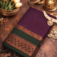 Premium Kalyani Cotton Saree | Green with Red Border