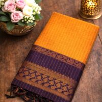 Kalyani Cotton Saree | Yellow with Purple Border