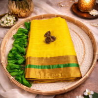 Mul Cotton Saree | Yellow with Green Tassel