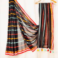 Black Mulcotton Saree with Multi Color Stripes