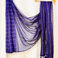 Mul Cotton Saree | Dark Blue, Gold Seqens Lines
