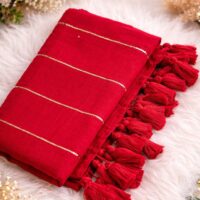 Mul Cotton Saree Red with Glitter Lines and Red Tassel